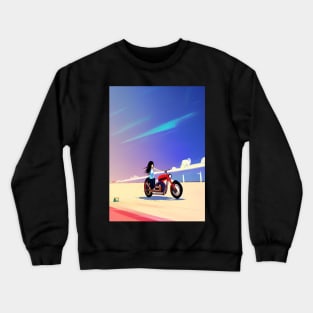 JAPANESE GIRL COOL RETRO MOTORCYCLE ON THE BEACH Crewneck Sweatshirt